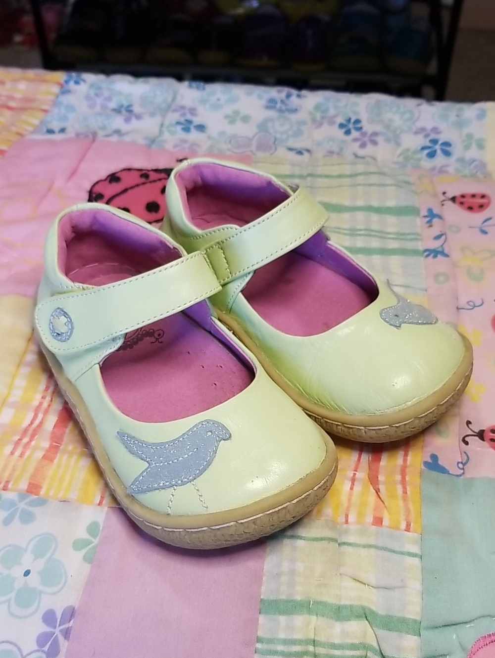 Livie & Luca Mint Green Leather Mary Janes with Blue Glitter Bird Size 7 Pio Pio